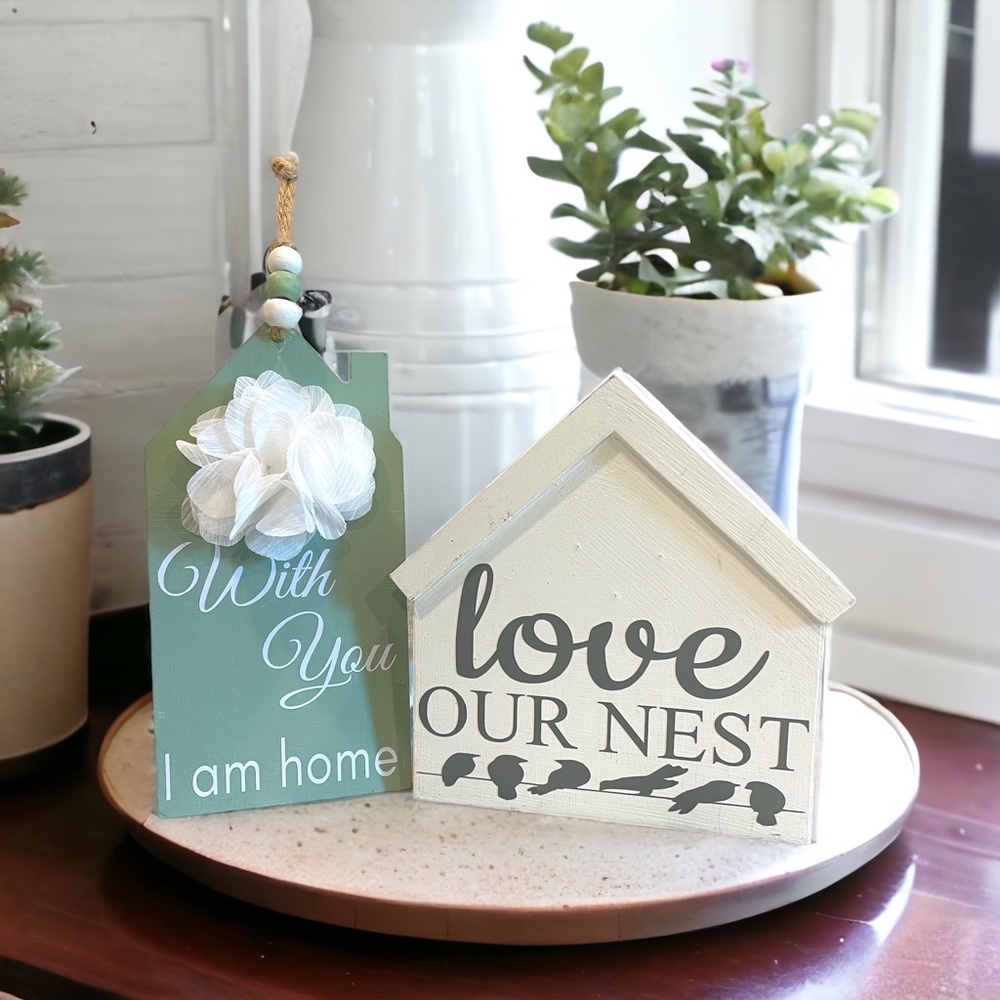 Set of 2 Tiered Tray Accents - Love Our Nest and With You I Am Home